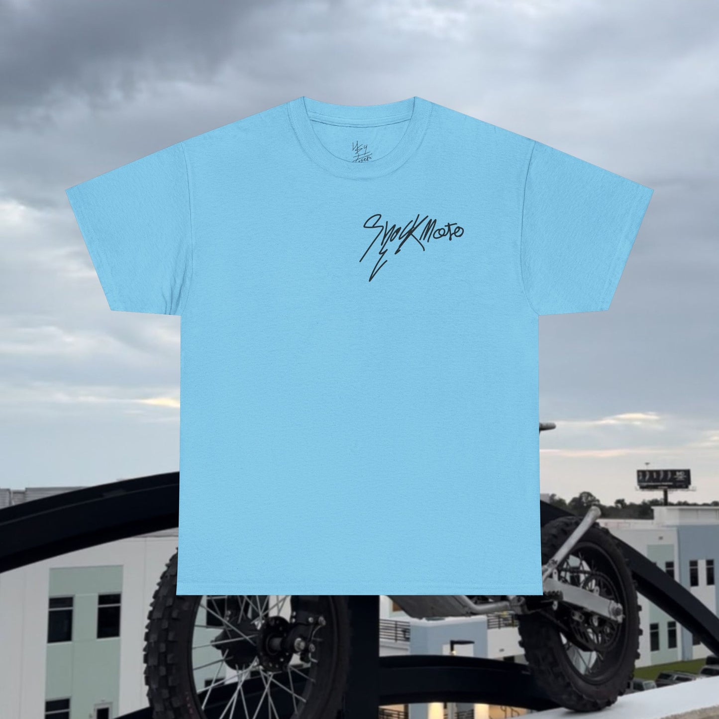Shockmoto light color dark logo tee